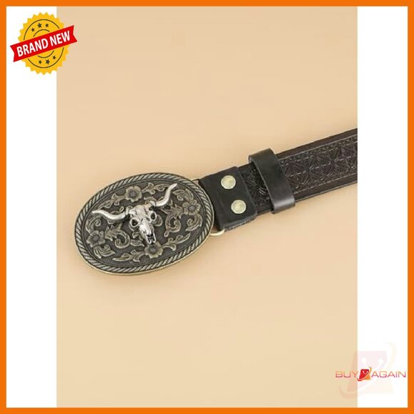 Vintage Western Leather Belt with Floral Buckle, Fits 25-45\
